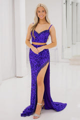 Purple Prom Dress Spaghetti Straps Mermaid Two-Piece Formal Dress With Slit