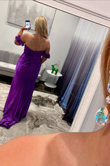 Purple Prom Dress Strapless Ruched Satin Mermaid Formal Dress