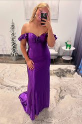Purple Prom Dress Strapless Ruched Satin Mermaid Formal Dress