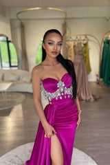 Purple Prom Dress Sweetheart A Line Beaded Sleeveless Satin Panel Train Formal Dress With High Slit