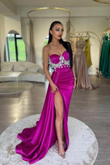 Purple Prom Dress Sweetheart A Line Beaded Sleeveless Satin Panel Train Formal Dress With High Slit