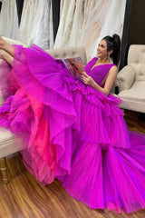 Purple Prom Dress Tiered Tulle A Line Evening Dress