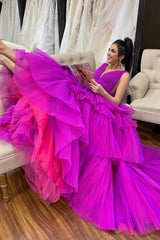 Purple Prom Dress Tiered Tulle A Line Evening Dress