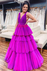 Purple Prom Dress Tiered Tulle A Line Evening Dress