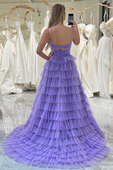 Purple Prom Dress Tulle A Line Long Tiered Evening Dress With Front Slit
