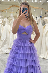 Purple Prom Dress Tulle A Line Long Tiered Evening Dress With Front Slit