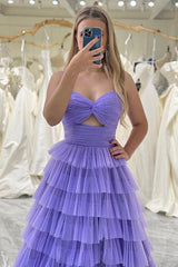 Purple Prom Dress Tulle A Line Long Tiered Evening Dress With Front Slit