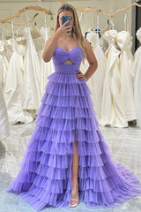 Purple Prom Dress Tulle A Line Long Tiered Evening Dress With Front Slit