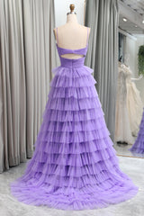 Purple Prom Dress Tulle A Line Tiered Long Evening Dress With Front Slit