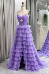Purple Prom Dress Tulle A Line Tiered Long Evening Dress With Front Slit