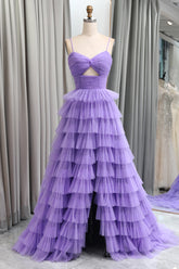 Purple Prom Dress Tulle A Line Tiered Long Evening Dress With Front Slit