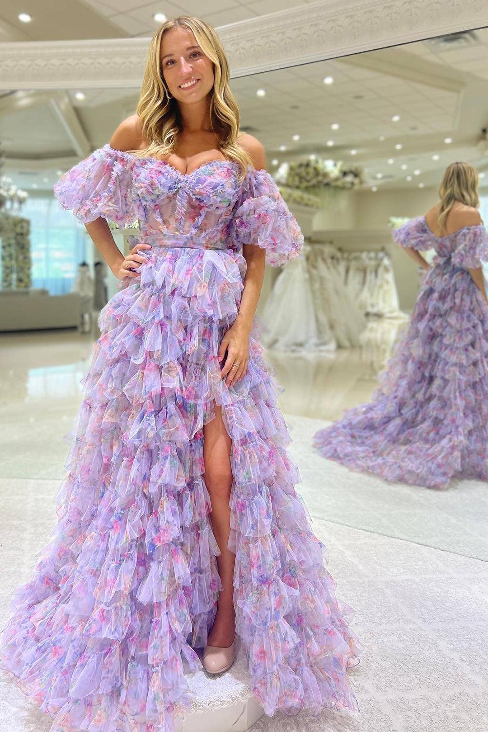 Purple Prom Dress Tulle Long Corset Tiered Evening Dress With Slit