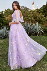Purple Prom Dress V Neck Embroidery Long Evening Dress with Sleeves