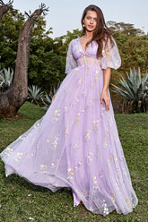 Purple Prom Dress V Neck Embroidery Long Evening Dress with Sleeves