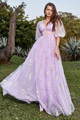 Purple Prom Dress V Neck Embroidery Long Evening Dress with Sleeves