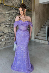 Purple sequin mermaid prom dress with draped off-the-shoulder sleeves and sweetheart neckline