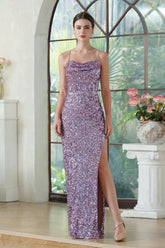 Purple Sequin Spaghetti Straps Prom Dress with Slit