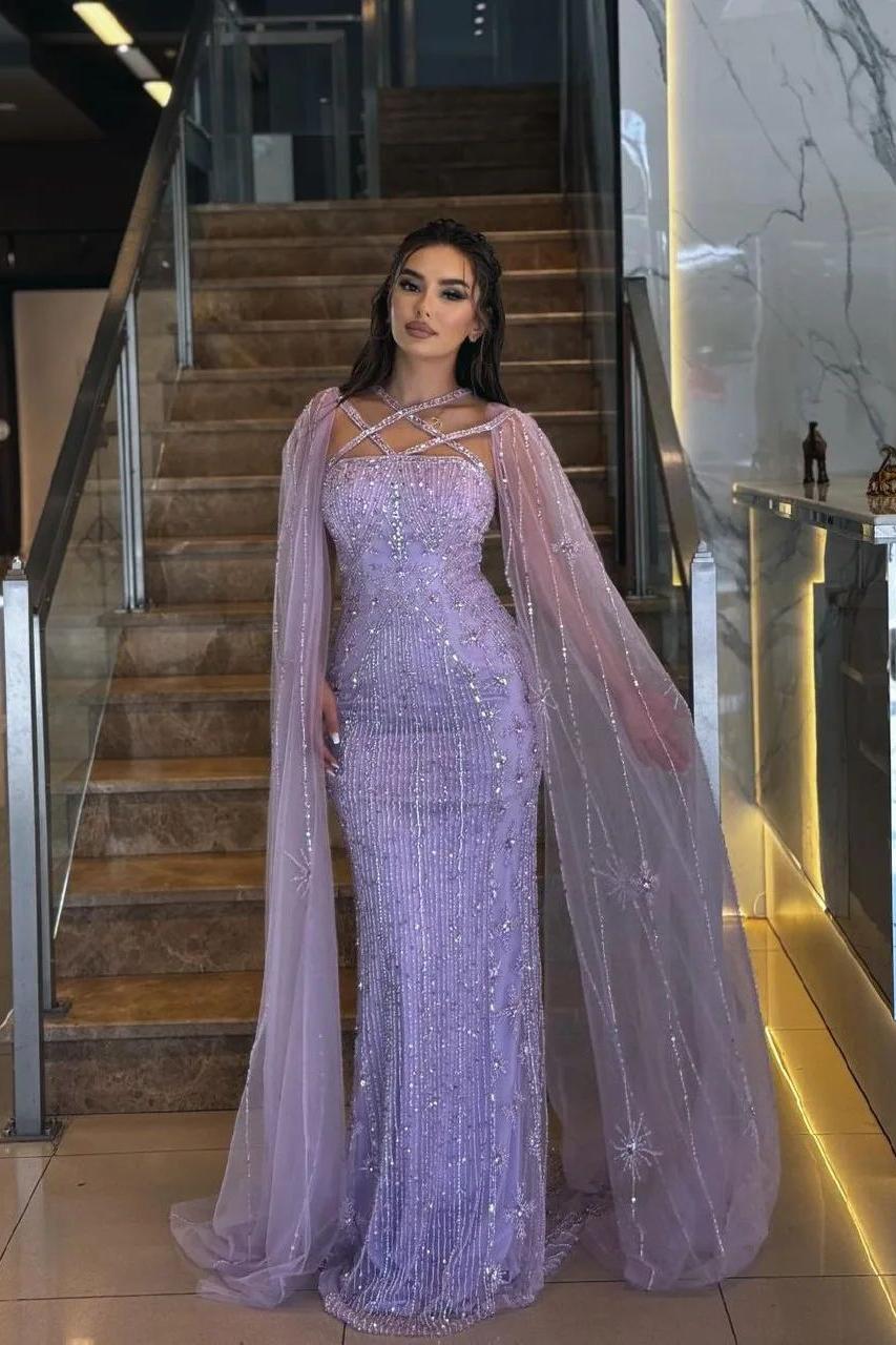 Purple Sheath/Column Prom Dress Halter Neck Beaded Formal Dress