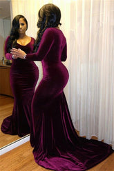 Purple Velvet Formal Dress Long Sleeves Mermaid Evening Dress