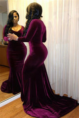 Purple Velvet Formal Dress Long Sleeves Mermaid Evening Dress