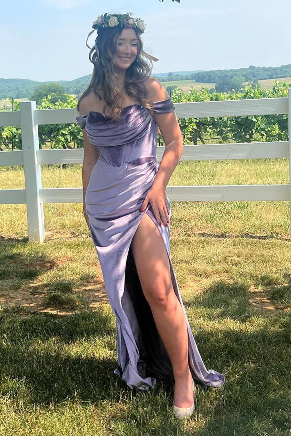 Purple Velvet Formal Dress Mermaid Off the Shoulder Corset Evening Dress with Slit