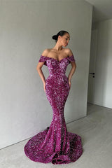 Purple Velvet Formal Dress Off The Shoulder Mermaid Evening Dress
