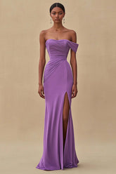 Purple Wedding Guest Dress Mermaid Off The Shoulder Long Formal Dress With Slit