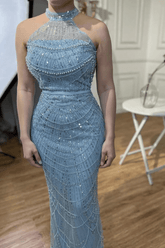 Blue Halter Formal Dress Beaded Sheath/Column Wedding Guest Dress
