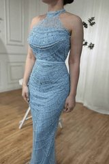 Blue Halter Formal Dress Beaded Sheath/Column Wedding Guest Dress