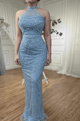 Blue Halter Formal Dress Beaded Sheath/Column Wedding Guest Dress