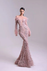 Pink Long Sleeve Formal Dress Mermaid 3D Flower Prom Evening Dress with Feathers