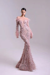 Pink Long Sleeve Formal Dress Mermaid 3D Flower Prom Evening Dress with Feathers