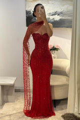 Red beaded mermaid prom dress with sweetheart neckline and sheer scarf