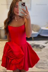 Red Floral Strapless Satin A-Line Corset Short Homecoming Dress