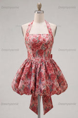 Red Floral Jacquard Halter A-Line Short Homecoming Dress with Bow