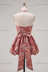 Red Floral Jacquard Halter A-Line Short Homecoming Dress with Bow