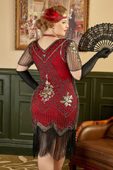 Red Fringe 1920s Short Sleeve V-Neck Flapper Dress