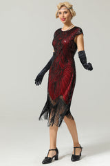 Red Gatsby Cape Sleeves Glitter Fringe 1920s Dress