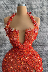 Red Halter Deep V Neck Mermaid Evening Dress with Rhinestone Slit Sequins
