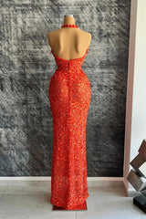 Red Halter Deep V Neck Mermaid Evening Dress with Rhinestone Slit Sequins