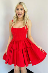 Red Homecoming Dress A Line Spaghetti Straps Short Satin Prom Dress