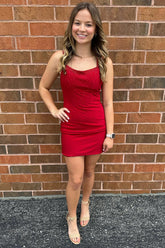 Red Homecoming Dress Beaded Backless Tight Satin Short Prom Dress