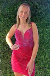 Red Homecoming Dress Beaded Tight Short Prom Dress