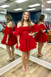 Red Homecoming Dress Corset Strapless A-Line Short Tulle Prom Dress with Detachable Sleeves