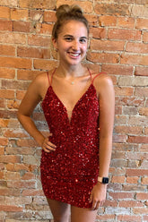 Red Homecoming Dress Criss-Cross Straps Sequin Tight Short Hoco Dress