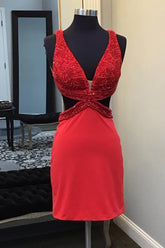 Red Homecoming Dress Lace-Up Back Cut Out Tight Short Cocktail Dresses with Sequin