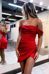 Red Homecoming Dress Off the Shoulder Asymmetrical Tight Short Prom Dress