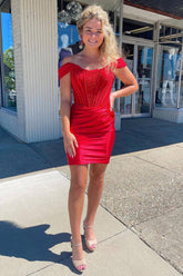 Red Homecoming Dress Off the Shoulder Tight Short Prom Dress with Lace