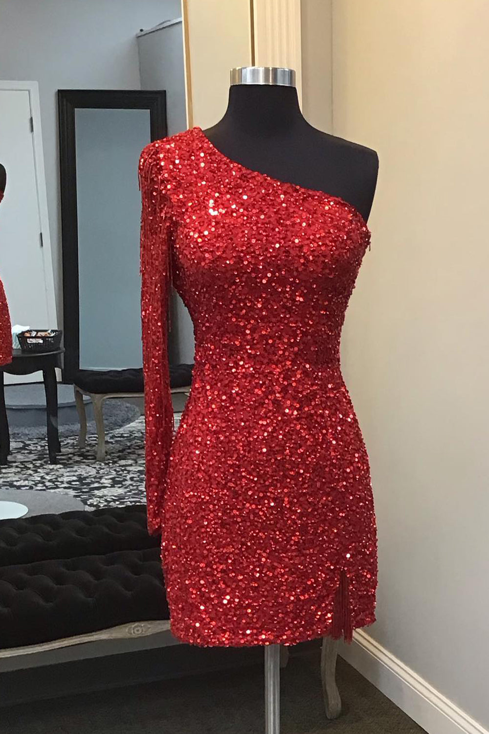 Red Homecoming Dress One Shoulder Backless Sequin Fringed Tight Short Cocktail Dresses