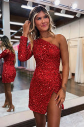 Red Homecoming Dress One Shoulder One Sleeve Sequin Cocktail Party Dresses with Slit